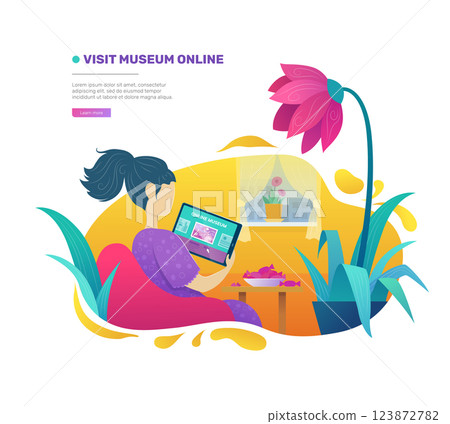 Visit museum online. Woman visiting art exhibition 123872782