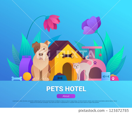 Pets hotel cartoon landing page design. 123872785