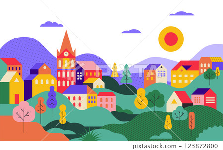 Colorful Countryside Landscape. Scenic Village with Hills, Trees, and Traditional Houses. Colorful Countryside Landscape. Scenic Village with Hills, Trees, and Traditional Houses. 123872800