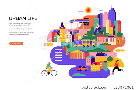 Colorful Urban Life Illustration. Modern Cityscape with People, Transportation, and Skyscrapers. Colorful Urban Life Illustration. Modern Cityscape with People, Transportation, and Skyscrapers. 123872801
