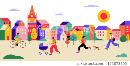 Colorful Urban Public Space. People Walking, Jogging, and Cycling in a City Square. 123872803