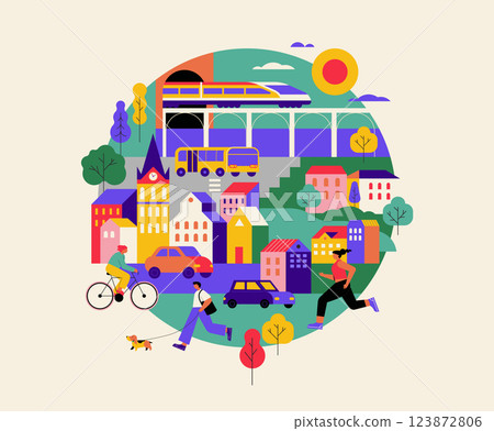 Colorful Urban Life Illustration. Modern Cityscape with People, Transportation, and Skyscrapers. 123872806