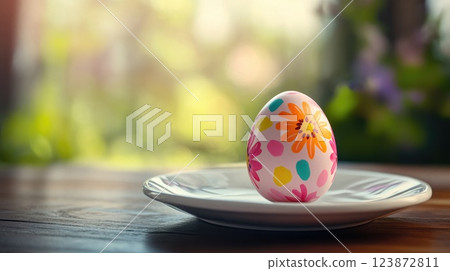 colorful easter egg on a plate easter holiday colorful easter egg on a plate easter holiday 123872811