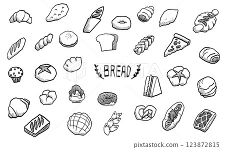 Various types of hand drawn bread illustration 123872815