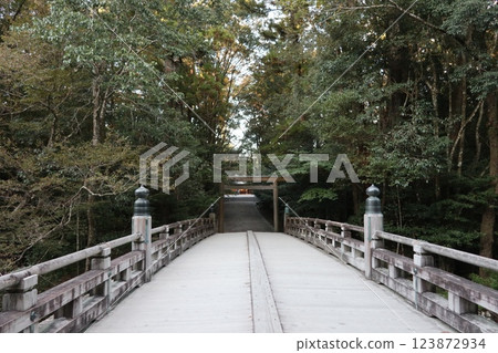 Pilgrimage to Ise, Kazehikimiya Bridge at the Inner Shrine of Ise Jingu 123872934