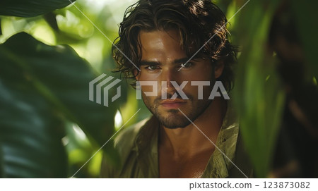 Intense portrait of a handsome man with green eyes in tropical foliage 123873082