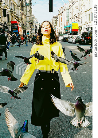 A woman in a yellow jacket is walking down a street with a flock of pigeons flyi 123873139