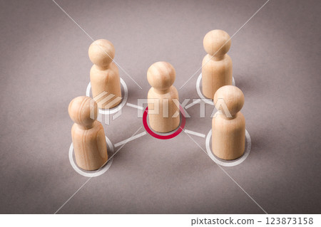 Wooden figures on a gray background. Intermediary between groups Political negotiations Wooden figures on a gray background. Intermediary between groups Political negotiations 123873158