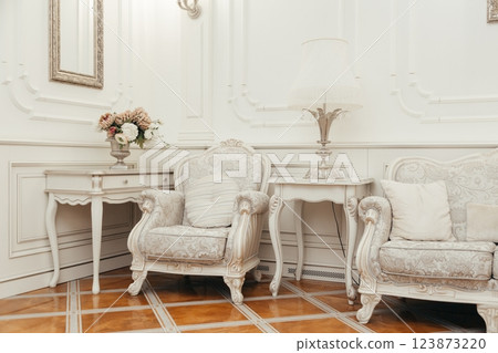 White luxury interior with classical armchair and furniture 123873220