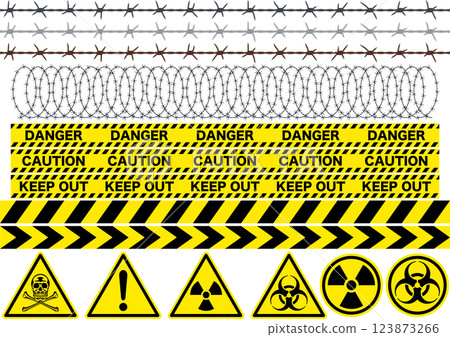 Set of danger, no entry, caution and warning barbed wire, signs and tapes 123873266