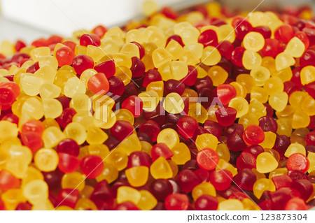 Jelly Fruit Candy Production. Colorful Sweet Confectionery Close up 123873304