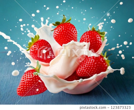 Strawberries dynamically jumping into whipped cream 3 123873323