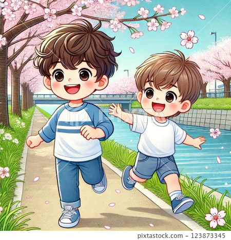 A boy happily running along the cherry blossom trees in spring 123873345