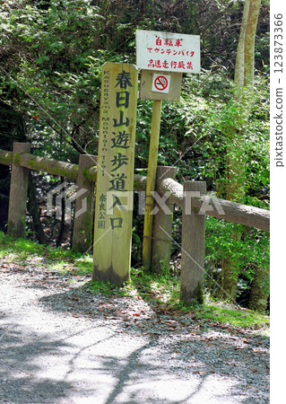 春日大社附近的春日山散步道入口處的資訊板 春日大社附近的春日山散步道入口處的資訊板 123873366