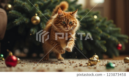 Ginger cat running away from fallen Christmas tree 123873458