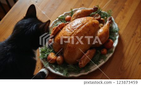Cat inspecting roasted turkey on a platter Cat inspecting roasted turkey on a platter 123873459