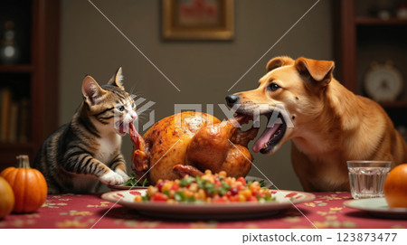 Cat and dog pulling a roasted turkey on a table Cat and dog pulling a roasted turkey on a table 123873477