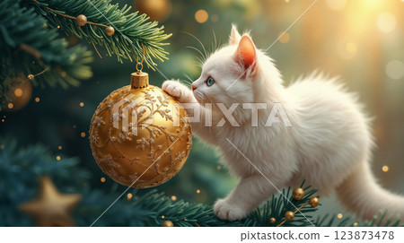 White kitten playing with golden Christmas ornament 123873478