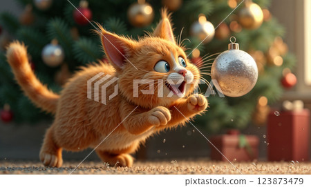 Excited orange kitten playing with a Christmas ornament 123873479