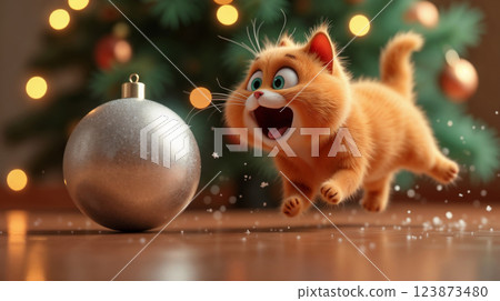 Excited kitten chasing a shiny silver Christmas ornament 123873480