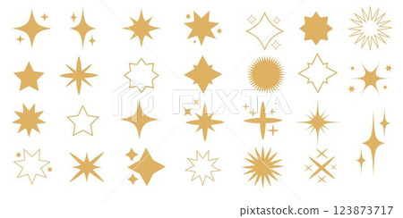 Golden Stars Icon Collection. Shiny Twinkling Yellow Stars For Decoration. Golden Stars Icon Collection. Shiny Twinkling Yellow Stars For Decoration. 123873717