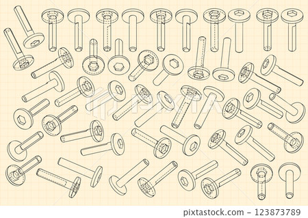Mechanical engineering drawings on sepia background. Cutter, assembly tool with replaceable multi-faceted plate. Technical Design. Cover. Blueprint. Vector illustration. 123873789