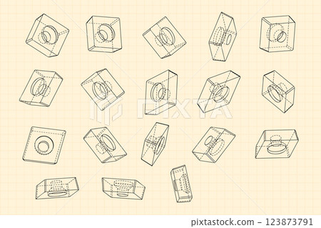 Mechanical engineering drawings on sepia background. Cutter, assembly tool with replaceable multi-faceted plate. Technical Design. Cover. Blueprint. Vector illustration. 123873791