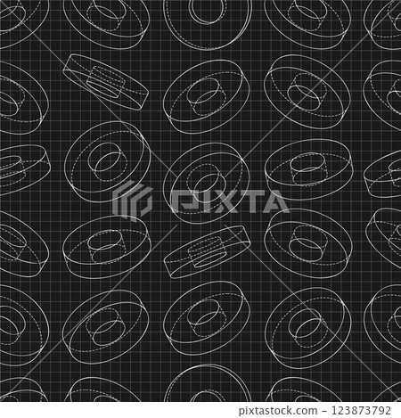 Mechanical engineering drawings on black background. Cutter, assembly tool with replaceable multi-faceted plate. Technical Design. Cover. Blueprint. Vector illustration. Seamless pattern. 123873792