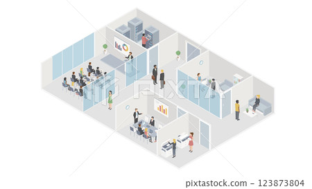 Isometric flat 3d abstract office floor interior departments concept vector. conference hall, offices, workplaces, director of the office interior 123873804
