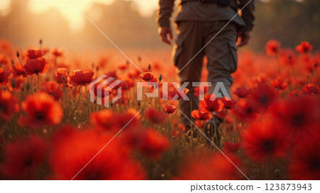 Soldier walking through a field of red poppies 123873943