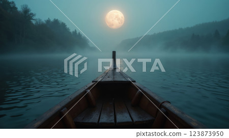 Foggy lake at night with a wooden boat and moon 123873950