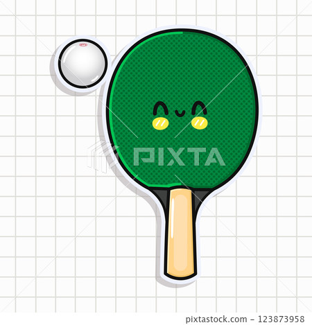 Cheerful Ping Pong Paddle. Smiling Table Tennis Racket on Grid Background Cheerful Ping Pong Paddle. Smiling Table Tennis Racket on Grid Background 123873958