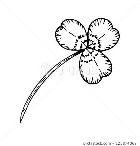 Three leaf clover on a stem. Symbol of St. Patrick's Day. Hand drawn in ink black and white illustration. Perfect for floral arrangements, Irish designs, herbal projects, good luck charms 123874062