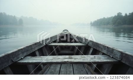 Wooden boat on a misty lake 123874084