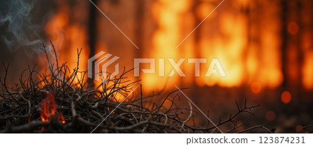 Burning twigs and leaves in forest fire 123874231