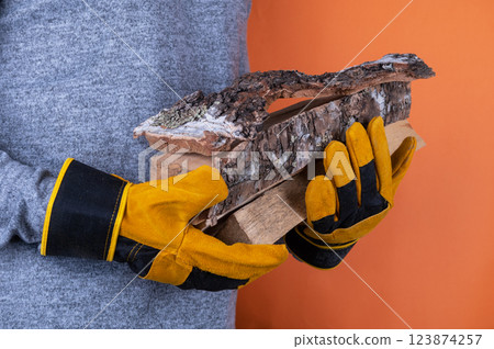 Person Holding Firewood with Protective Gloves 123874257