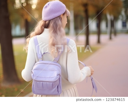 A student with a violet lavender backpack in school uniform, walking on a campus outdoors, seen from behind. A high school or university teenager girl. Casual teen outfit fashion. Light purple shades 123874615