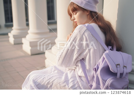 A student girl in a lavender skirt and sweater, walking on a campus outdoors, seen from behind. A high school or university teenager model. Casual light purple outfit fashion. Violet shades 123874618