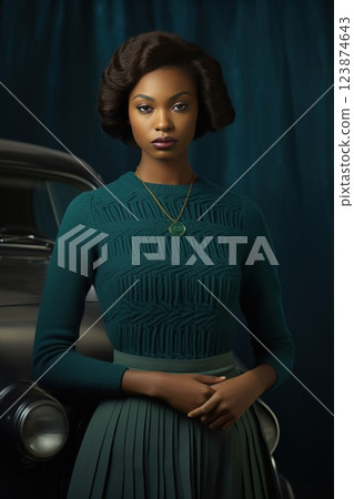 A Stunning and Elegant Fashion Portrait of a Beautiful Black Woman dressed in a fashionable dark emerald green outfit poses Featuring a Stylish Vintage Car in the Scene 123874643