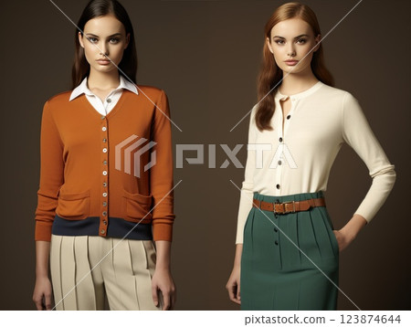 Stylish woman in stunning retro fashion pose beside a vintage car, exuding elegance 123874644