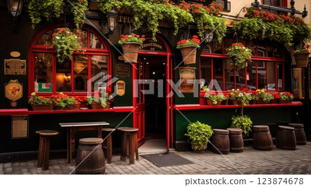 The Charming Traditional Pub Facade is adorned with Barrels, exuding a delightful Rustic Feel The Charming Traditional Pub Facade is adorned with Barrels, exuding a delightful Rustic Feel 123874678