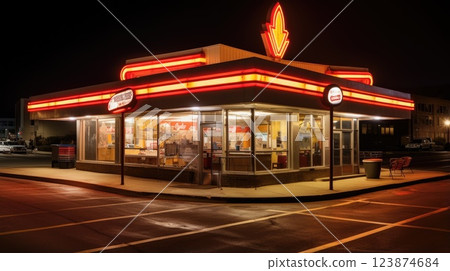 The Nighttime Diner is adorned with Striking Red Neon Lights that create a captivating ambiance The Nighttime Diner is adorned with Striking Red Neon Lights that create a captivating ambiance 123874684