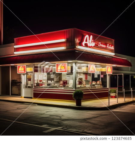 The Nighttime Diner is adorned with Striking Red Neon Lights that create a captivating ambiance 123874685