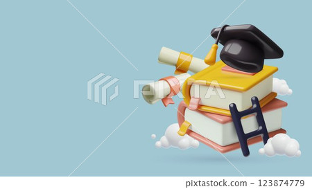 Graduation concept 3d render background with books school cap ladder and diplomas Graduation concept 3d render background with books school cap ladder and diplomas 123874779