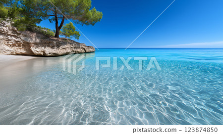 Serene Coastal Landscape With Clear Waters and Rock Formation Serene Coastal Landscape With Clear Waters and Rock Formation 123874850