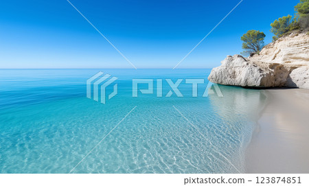 Serene Coastal Landscape With Clear Waters and Rock Formation 123874851
