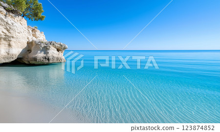 Serene Coastal Landscape With Clear Waters and Rock Formation 123874852