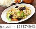 Stir-fried vegetable set meal, high angle 123874943