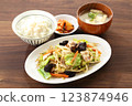 Stir-fried vegetable set meal on table, high angle 123874946