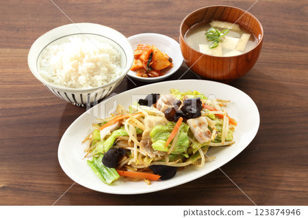 Stir-fried vegetable set meal on table, high angle Stir-fried vegetable set meal on table, high angle 123874946